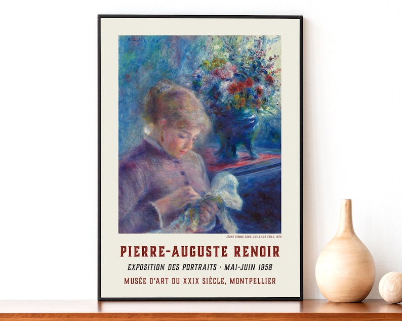 May include: A vintage poster advertising an exhibition of portraits by Pierre-Auguste Renoir. The poster features a painting of a woman in a purple dress, holding a white fabric. The text on the poster reads "Pierre-Auguste Renoir, Exposition des Portraits, Mai-Juin 1958, Mus&eacute;e d'Art du XXIX Si&egrave;cle, Montpellier."