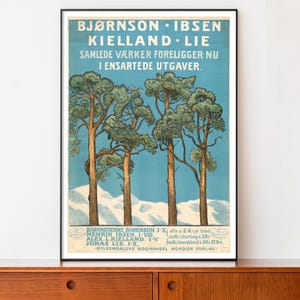 Cartel de Gyldendalske Boghandel – Ibsen, Bjørnson, Kielland & Lie, impresión editorial de libros escandinavos, arte tipográfico nórdico c.1905