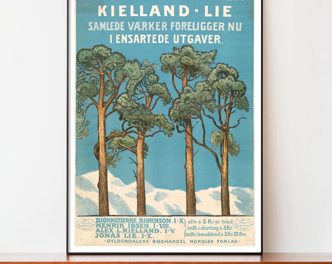 Gyldendalske Boghandel Poster – Ibsen, Bjørnson, Kielland & Lie, Scandinavian Book Publishing Print, Nordic Typography Art c.1905