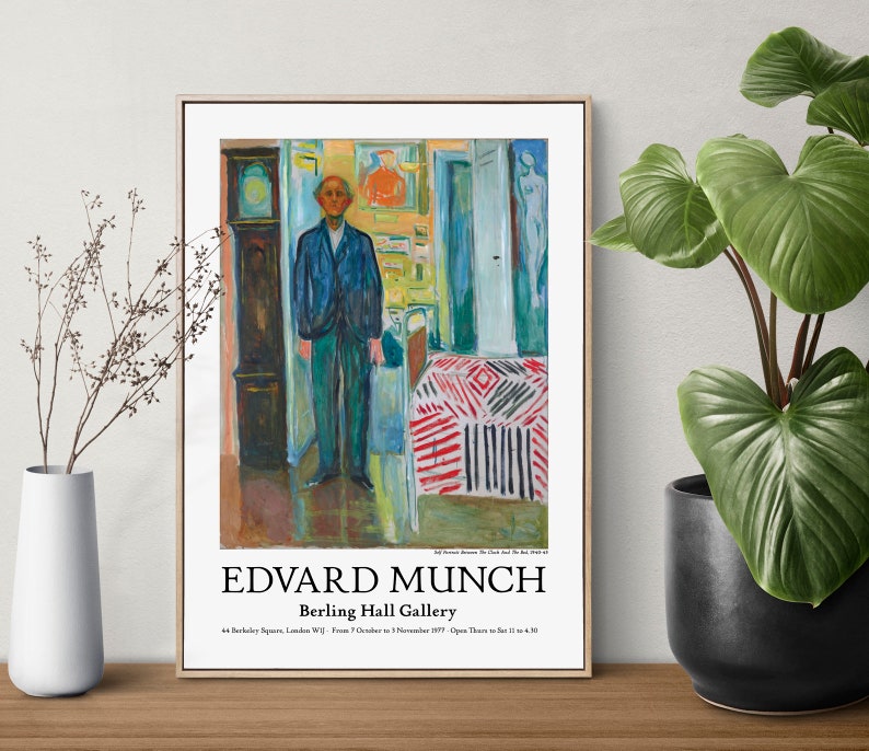 Impression d'affiche d'exposition d'Edvard Munch, qualité musée, peinture expressionniste, impression d'art, autoportrait entre l'horloge et le lit image 5