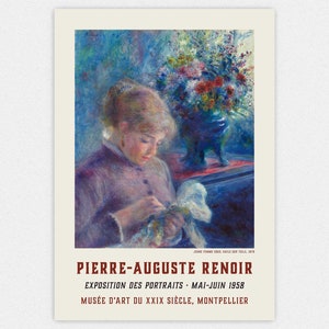 May include: A vintage poster advertising an exhibition of portraits by Pierre-Auguste Renoir at the Mus&eacute;e d'Art du XXIX Si&egrave;cle in Montpellier, France. The poster features a painting of a young woman in a purple dress, holding a white cloth in her lap. The painting is in a soft, impressionistic style, with a focus on light and color.