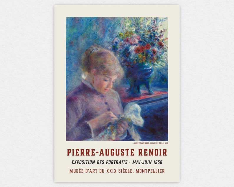 May include: A vintage poster advertising an exhibition of portraits by Pierre-Auguste Renoir at the Mus&eacute;e d'Art du XXIX Si&egrave;cle in Montpellier, France. The poster features a painting of a young woman in a purple dress, holding a white cloth in her lap. The painting is in a soft, impressionistic style, with a focus on light and color.