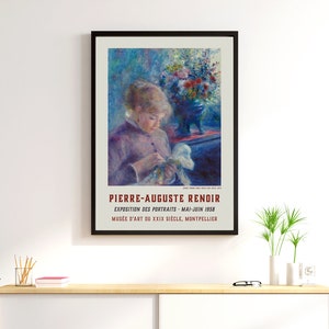 May include: A vintage poster advertising an exhibition of portraits by Pierre-Auguste Renoir. The poster features a painting of a woman in a purple dress, holding a white flower. The text on the poster reads "Pierre-Auguste Renoir, Exposition des Portraits, Mai-Juin 1958, Mus&eacute;e d'Art du XXIX Si&egrave;cle, Montpellier."