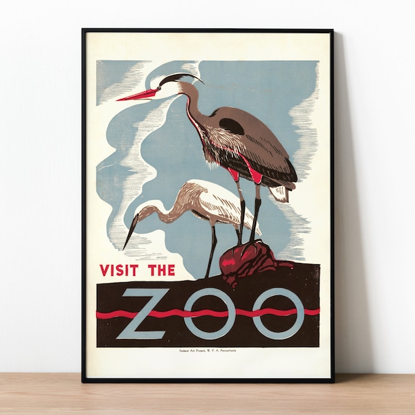 Besuch im Zoo Poster, Zwei Reiher, Bundeskunst Projekt 1930s 1940s Print, amerikanischer Animal Print, Geschenk für Tierliebhaber, Art Deco Vogel Design