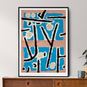 May include: Abstract art print featuring black lines and shapes on a blue and pink background. The print has a modern and minimalist style. The text at the bottom reads "Paul Klee Paintings 1936-40 Institut Bernerhof 3.11.86-14.12.88 Tue-Sun 10-17 hrs".