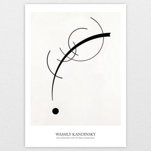 May include: Black and white abstract art print featuring a curved line and a black circle. The print is titled "Wassily Kandinsky" and includes the text "Abstract and Spiritual Works, Munich 1917, Bauhaus-Archiv, Berlin"