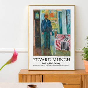 Impression d'affiche d'exposition d'Edvard Munch, qualité musée, peinture expressionniste, impression d'art, autoportrait entre l'horloge et le lit image 2