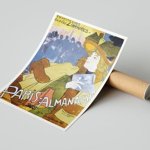 May include: A vintage poster advertising "Paris Almanach" with a woman in a yellow coat and a large hat holding a book. The poster is in French and features a crowd of people in the background.