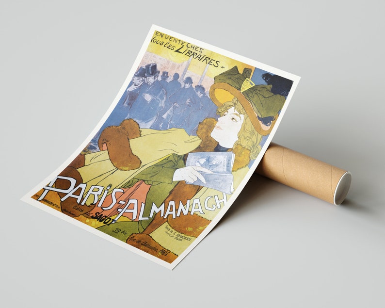 May include: A vintage poster advertising "Paris Almanach" with a woman in a yellow coat and a large hat holding a book. The poster is in French and features a crowd of people in the background.