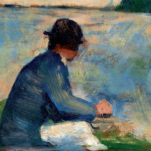 May include: A painting of a person wearing a black hat and a blue jacket sitting by a body of water. The person is facing away from the viewer and their face is obscured by the hat.