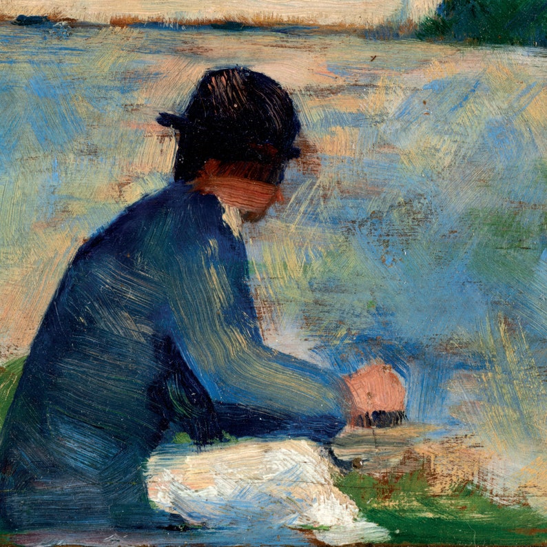 May include: A painting of a person wearing a black hat and a blue jacket sitting by a body of water. The person is facing away from the viewer and their face is obscured by the hat.
