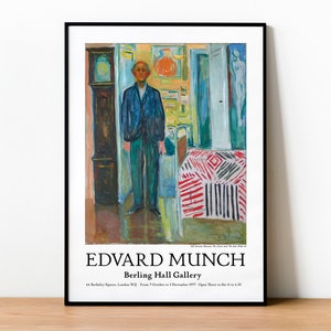 Impression d'affiche d'exposition d'Edvard Munch, qualité musée, peinture expressionniste, impression d'art, autoportrait entre l'horloge et le lit image 1