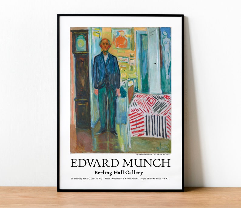 Impression d'affiche d'exposition d'Edvard Munch, qualité musée, peinture expressionniste, impression d'art, autoportrait entre l'horloge et le lit image 1