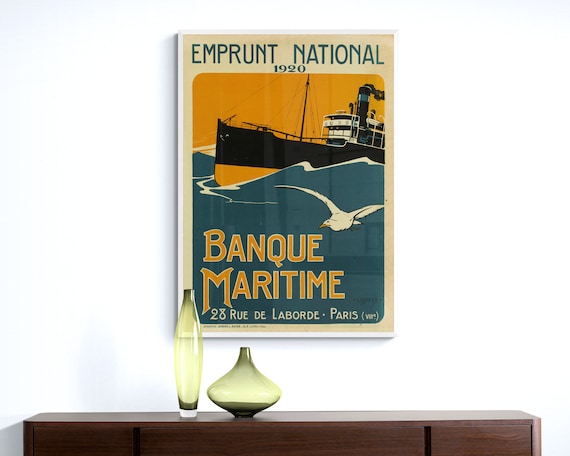 Vintage Poster - French Advertisement - Gallery Quality Print - Banque Maritime - Wall Art Decor - Ship Poster - Multiple Sizes Available