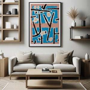 May include: A framed abstract art print with black lines and shapes on a blue and pink background. The print has the text "Paul Klee Paintings 1920-40" at the bottom.