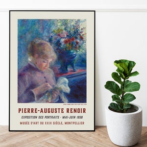May include: A vintage poster advertising an exhibition of portraits by Pierre-Auguste Renoir at the Mus&eacute;e d'Art du XIX Si&egrave;cle in Montpellier, France. The poster features a painting of a young woman in a soft, pastel color palette, with a bouquet of flowers in a blue vase in the background.
