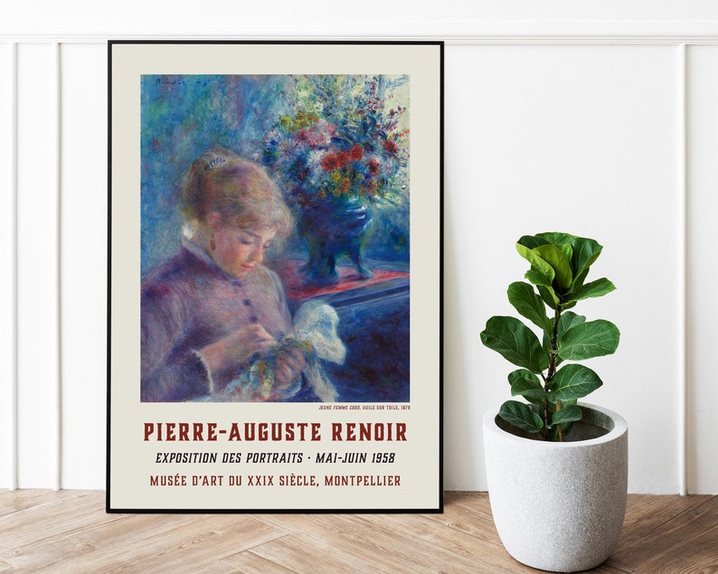 May include: A vintage poster advertising an exhibition of portraits by Pierre-Auguste Renoir at the Mus&eacute;e d'Art du XIX Si&egrave;cle in Montpellier, France. The poster features a painting of a young woman in a soft, pastel color palette, with a bouquet of flowers in a blue vase in the background.