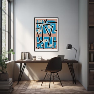 May include: A black and white abstract art print with geometric shapes and lines in shades of blue, pink, and white. The print is framed in black and has a white border. The text below the image reads "Four Tree Painting, 1958, oil on canvas, 81.3 x 61.3 cm, The Museum of Modern Art, New York, Gift of Mrs. John D. Rockefeller III, 58.111."