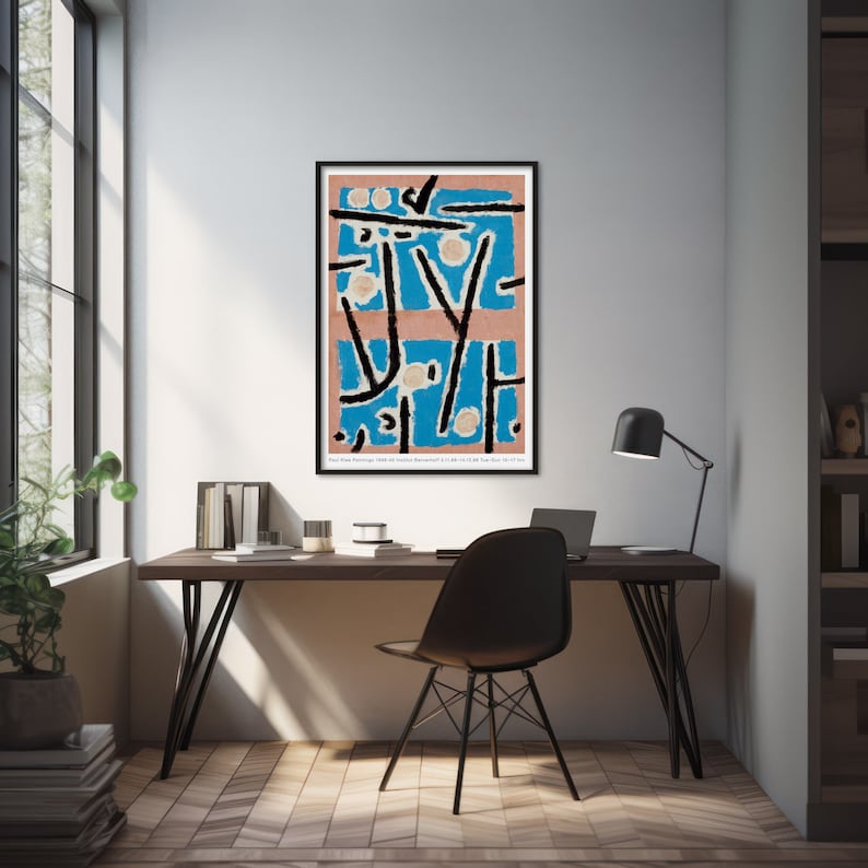 May include: A black and white abstract art print with geometric shapes and lines in shades of blue, pink, and white. The print is framed in black and has a white border. The text below the image reads "Four Tree Painting, 1958, oil on canvas, 81.3 x 61.3 cm, The Museum of Modern Art, New York, Gift of Mrs. John D. Rockefeller III, 58.111."