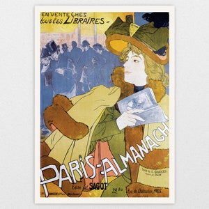 May include: A vintage poster advertising the Paris Almanach, featuring a woman in a stylish hat and fur coat holding a book. The poster is in shades of blue, yellow, and brown, with the text "Paris-Almanach" in large, bold letters.