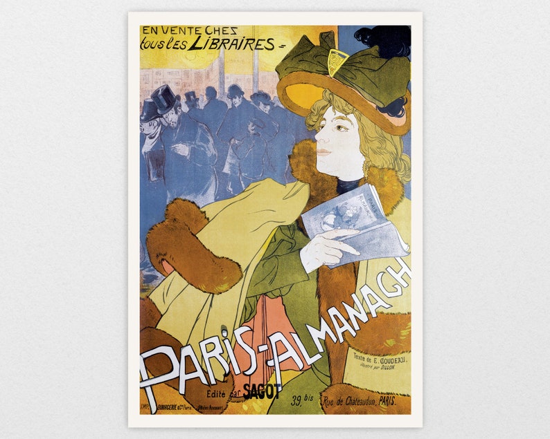 May include: A vintage poster advertising the Paris Almanach, featuring a woman in a stylish hat and fur coat holding a book. The poster is in shades of blue, yellow, and brown, with the text "Paris-Almanach" in large, bold letters.