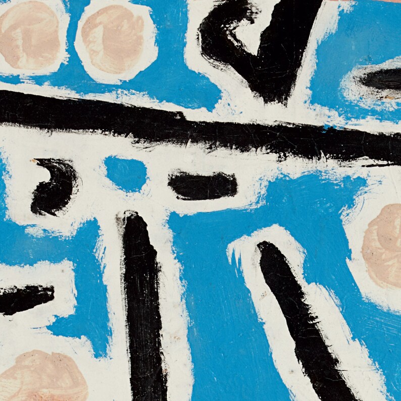 May include: Abstract painting with bold black lines and shapes on a blue background. There are also white and pink circles throughout the painting.