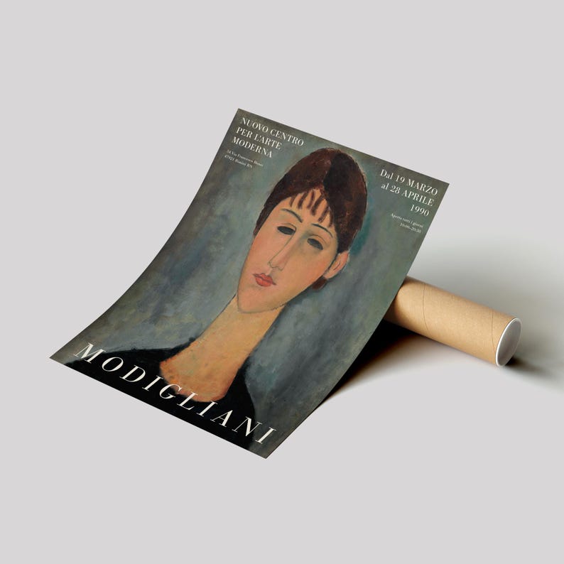 May include: A poster advertising an exhibition of paintings by Amedeo Modigliani at the Nuovo Centro per l'Arte Moderna. The poster features a portrait of a woman with a long neck and large eyes, painted in a blue and green color scheme. The text on the poster reads "Modigliani" and "Dal 19 Marzo al 28 Aprile 1990."