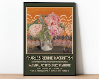 Charles Rennie Mackintosh Print, Exhibition Poster, Peonies Watercolour Painting, Home Decor, Architect Poster, Mackintosh Art Museum Poster