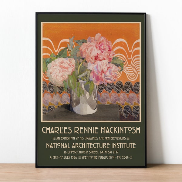 Charles Rennie Mackintosh Print, Exhibition Poster, Peonies Watercolour Painting, Home Decor, Architect Poster, Mackintosh Art Museum Poster