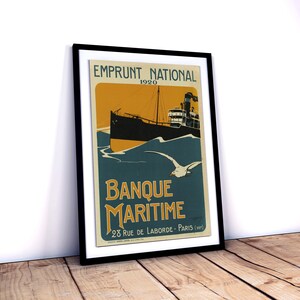 May include: A vintage poster advertising a 1920 national loan for the Banque Maritime. The poster features a black and white illustration of a ship sailing on a blue and yellow sea with a white seagull flying overhead. The text "Emprunt National 1920" is at the top of the poster, and the text "Banque Maritime 28 Rue de Laborde - Paris (VIII)" is at the bottom.