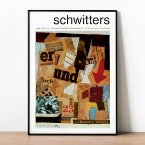 May include: A framed art print featuring a collage of paper fragments in various colors and textures. The artwork includes text fragments, a red arrow, and the word "schwitters" at the top. The print is in a black frame.