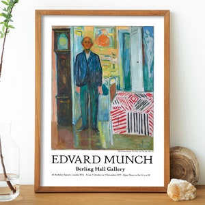 Impression d'affiche d'exposition d'Edvard Munch, qualité musée, peinture expressionniste, impression d'art, autoportrait entre l'horloge et le lit image 3