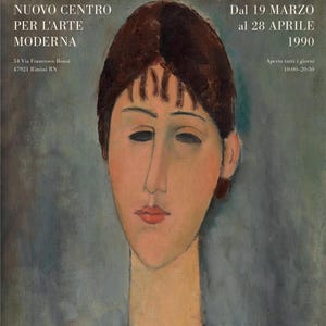 May include: A painting of a woman's face with a blue background. The woman has dark brown hair and brown eyes. The painting is titled "NUOVO CENTRO PER L'ARTE MODERNA" and includes the dates "Dal 19 MARZO al 28 APRILE 1990".