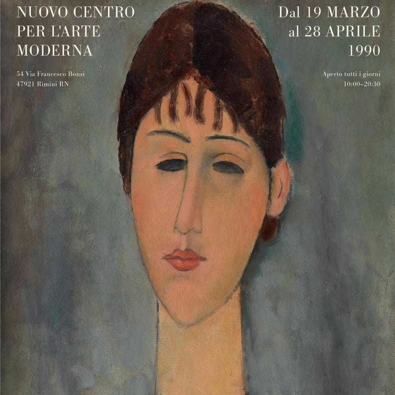 May include: A painting of a woman's face with a blue background. The woman has dark brown hair and brown eyes. The painting is titled "NUOVO CENTRO PER L'ARTE MODERNA" and includes the dates "Dal 19 MARZO al 28 APRILE 1990".