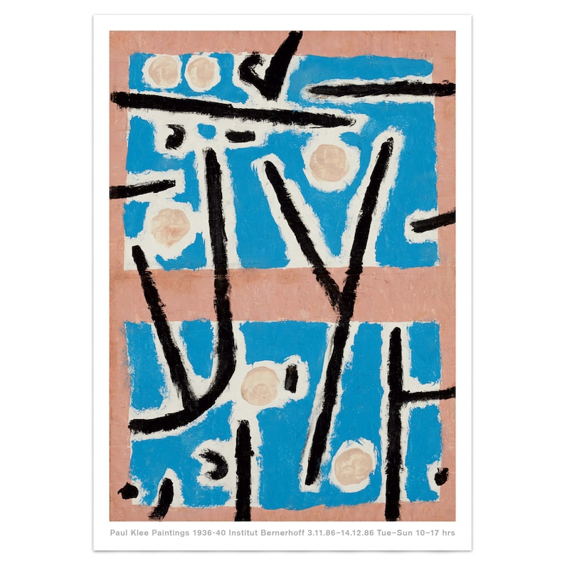May include: Abstract painting with black lines and shapes on a blue and pink background. The painting has a geometric design with white circles scattered throughout.