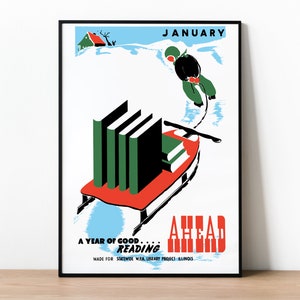 Cartel de lectura de enero, cartel publicitario vintage, impresión de lectura de 1936, idea de regalo única para cualquier amante de los libros o lector ávido, arte de bibliotecas,