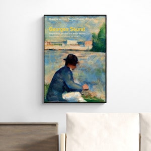 May include: A poster for an art exhibition featuring a painting of a man sitting by a body of water. The poster is titled "Georges Seurat" and includes the text "Preparatory Studies For Major Works" and "September 6-October 25 1974".
