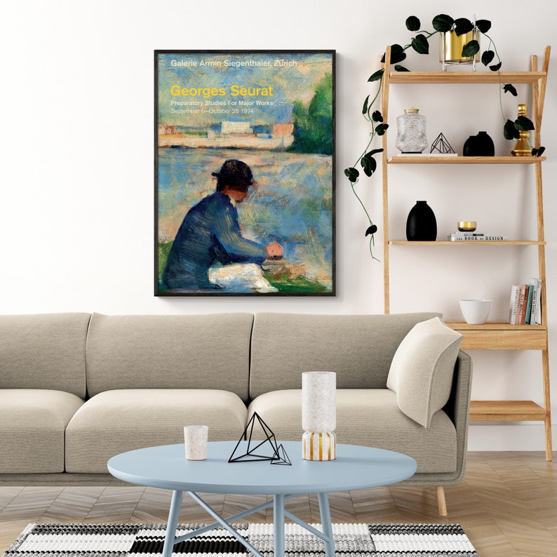 May include: A poster advertising an exhibition of preparatory studies for major works by Georges Seurat, held at the Galerie Armin Siegenthaler in Zurich from September 6 to October 25, 1974. The poster features a painting of a person sitting by a body of water.