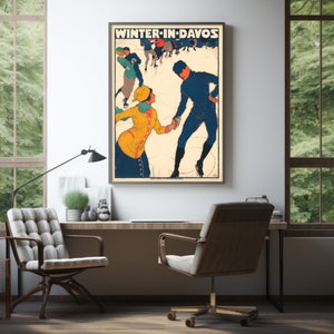 Vintage Swiss Poster - Burkhard Mangold 1914 Davos Ice Skating Reproduction, Museum Quality Print, Archival Inks, Luxury Decor image 3