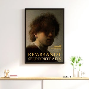 Może przedstawiać: Plakat reklamujące wystawę autoportret&oacute;w Rembrandta w Torvald Art Foundation. Plakat przedstawia zbliżenie autoportretu Rembrandta, z jego charakterystycznymi kręconymi włosami i poważnym wyrazem twarzy. Tekst na plakacie brzmi: "The Torvald Art Foundation, Cosmull, Ohio, 17 marca - 13 kwietnia 2018, Otwarte codziennie od 10 do 16, Rembrandt Self-Portraits."
