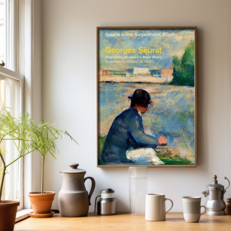 May include: A vintage poster advertising an exhibition of preparatory studies for major works by Georges Seurat. The poster features a painting of a person sitting by a body of water, with a blue sky and green trees in the background. The text on the poster reads "Galerie Armin Siegenthaler, Zurich", "Georges Seurat", "Preparatory Studies For Major Works", and "September 6-October 25 1974".