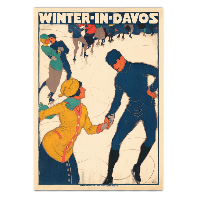 Vintage Swiss Poster - Burkhard Mangold 1914 Davos Ice Skating Reproduction, Museum Quality Print, Archival Inks, Luxury Decor image 2
