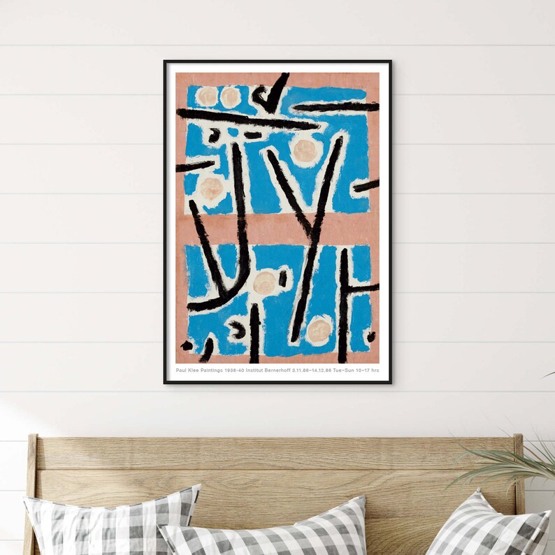May include: Abstract art print featuring a blue and pink background with black lines and white circles. The print has the text "Paul Klee Paintings 1928-40 Institut Bernhardt 2.1.1.68-12.14.68 Tue-Sat 10-12 hrs".