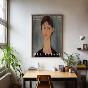 May include: A vintage poster advertising an art exhibition featuring the work of Amedeo Modigliani. The poster features a portrait of a woman with a long neck and a blue background. The text on the poster reads "Nuovo Centro per l'Arte Moderna" and "Modigliani".