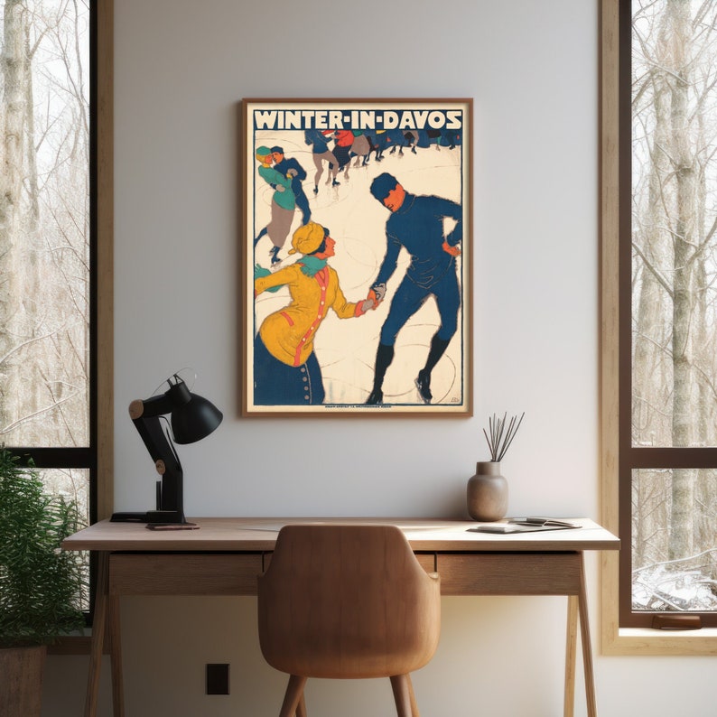 Vintage Swiss Poster - Burkhard Mangold 1914 Davos Ice Skating Reproduction, Museum Quality Print, Archival Inks, Luxury Decor image 1