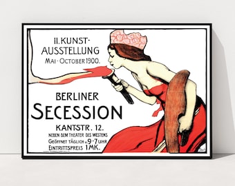 May include: A vintage poster advertising the Berliner Secession art exhibition. The poster features a woman in a red dress blowing a torch with a red flame. The text reads "II. Kunst-Ausstellung Mai-October 1900. Berliner Secession Kantstr. 12. Neben dem Theater des Westens Geöffnet täglich v. 9-7 Uhr Eintrittpreis 1MK."