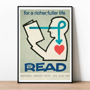 Nationalbibliothek Woche Poster, Vintage Werbeplakat, USA 1961 Druck, Einzigartige Geschenkidee für jeden Buchliebhaber oder Leseratten, Bibliotheken Kunst