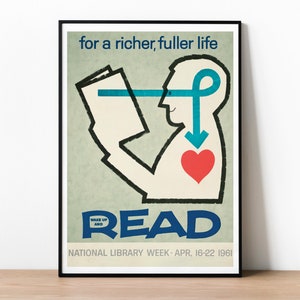 National Library Week Poster, Vintage Advertising Poster, USA 1961 Print, Unique Gift Idea For Any Book Lover Or Avid Reader, Libraries Art