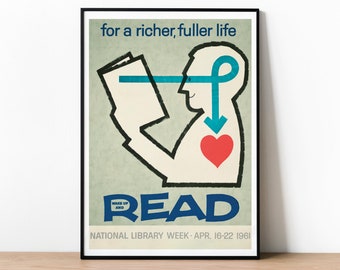 National Library Week Poster, Vintage Advertising Poster, USA 1961 Print, Unique Gift Idea For Any Book Lover Or Avid Reader, Libraries Art
