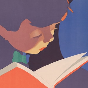 May include: A young person wearing a purple hat reads a book with a red cover. The book is open and the pages are white. The person's face is visible and they have closed eyes. The background is a solid blue.